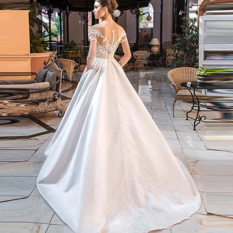 Satin A-Line Decal Wedding Dresses Women's Sweetheart Off Shoulder Button Backless Robe De Marée Lace Bridal Gowns With Pockets