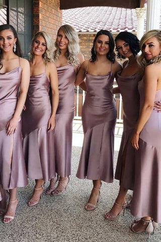 Satin Sheath Spaghetti Straps Cowl Neck Tea-length Bridesmaid Dresses