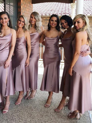 Satin Sheath Spaghetti Straps Cowl Neck Tea-length Bridesmaid Dresses