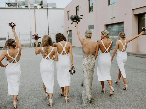 Satin Sheath V-neck Tea-Length Bridesmaid Dresses With Slit