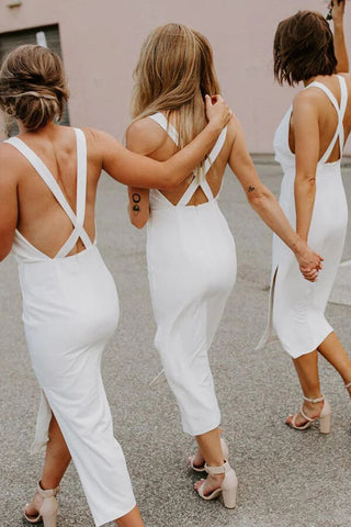 Satin Sheath V-neck Tea-Length Bridesmaid Dresses With Slit