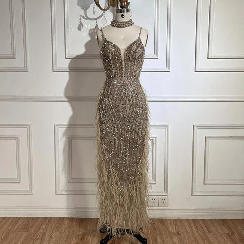 White Nude Mermaid Spaghetti Strap Beaded Feather Evening Dress Gown LA72047