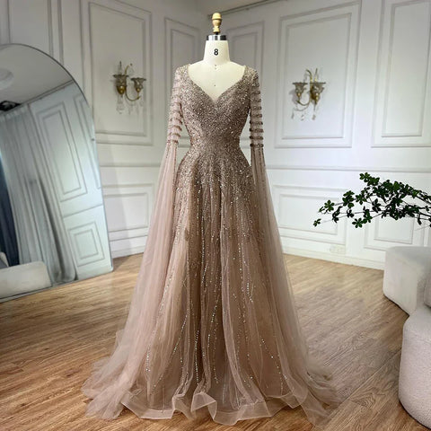 2025 Arabic Caramel Elegant A-Line Beaded Long Evening Dresses Gowns with Cape Sleeves for Formal Occasion LA72750