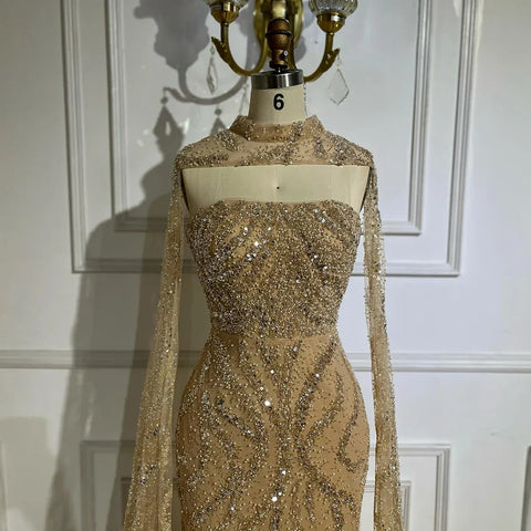 Nude Mermaid Evening Dresses Gowns with Detachable Cape Sleeves and Lace Up Back for Formal Occasion LA72824