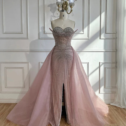 2025 Nude Beaded Mermaid Evening Dresses Gowns with Overskirt for Formal Occasion LA72811