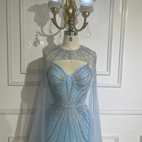 Arabic Blue Spaghetti Straps Beaded Evening Gown with Detachable Cape Dress for Formal Occasion 2025 LA72784