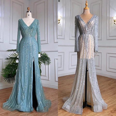 Silver Blue Mermaid Split Evening Dresses Gowns 2025 Beaded Elegant Luxury For Women Party LA71392