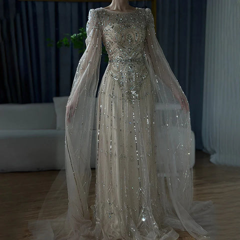 2025 Luxury Dubai Blue Cape Sleeves Alina Beaded Stone Arabic Evening Gowns for Women Wedding Party LA72635