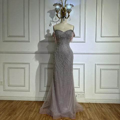 Nude Beaded Mermaid Evening Gown with Feathered Detail for Formal Occasion  2025 LA72818