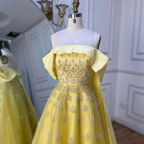 Vestido de noche largo de lujo árabe de Dubái, elegante, amarillo, con escote barco y cuentas, para mujer, para fiesta de boda, LA72531 