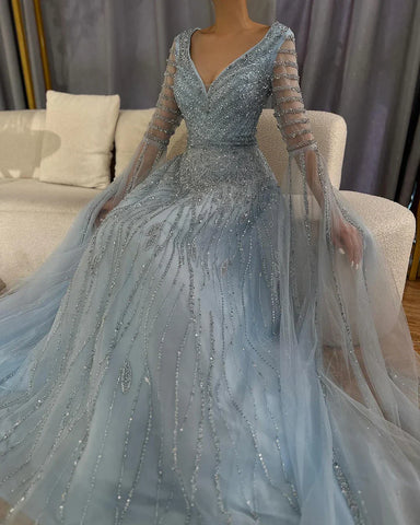 2025 Arabic Caramel Elegant A-Line Beaded Long Evening Dresses Gowns with Cape Sleeves for Formal Occasion LA72750