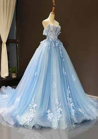 2025 Arabic Blue Ball Gown Off-the-Shoulder Tulle Prom Dress with Appliqués for Women's Party LA72679