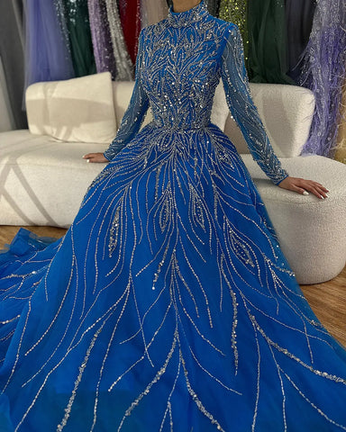 Robe de soirée élégante et luxueuse pour femmes musulmanes, coupe trapèze, bleu, perlée, style Dubaï, pour mariage, 2025, LA72302A 