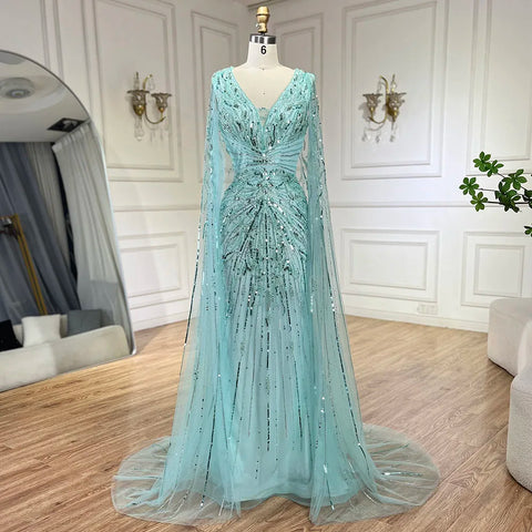 Luxury Dubai Turquoise Mermaid Evening Dresses with Cape V-Neck LA72239