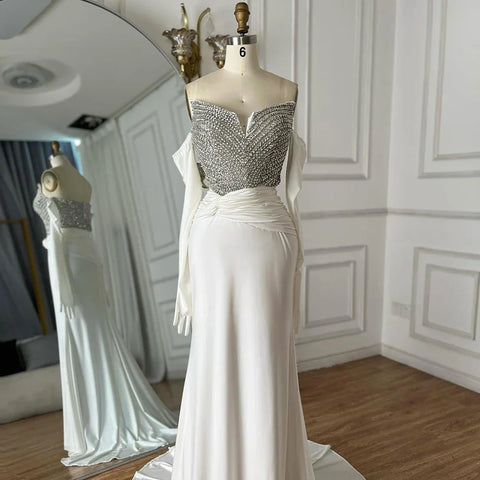2025 Elegant White Arabic Strapless Evening Gown with Crystal Beaded Dress and Gloves for Formal Occasion LA72758