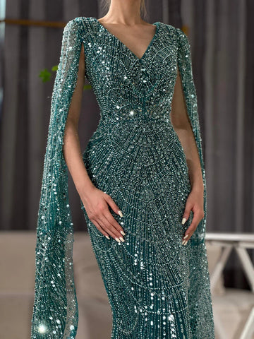 Luxury White Feather Evening Dress with Cape Sleeves LA72160