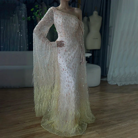 Luxury Feather One Shoulder Evening Dress with Cape Sleeves LA72763
