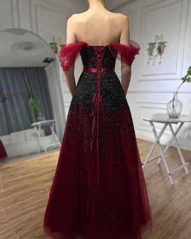 Gradual Change Wine Red Evening Dresses Gowns 2025 Beaded Bling A-Line Luxury For Women Party LA71329