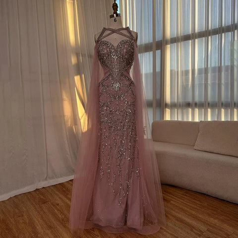 2025 Nude Cape Sleeves Beaded Crystal Arabic Evening Dresses Gowns For Women Wedding Party LA72806