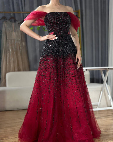 Gradual Change Wine Red Evening Dresses Gowns 2025 Beaded Bling A-Line Luxury For Women Party LA71329