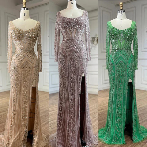 2025 Women Wedding Parties Dubai Arabia Luxury Beaded Evening Dresses Gowns Green Elegant Split Mermaid LA72518