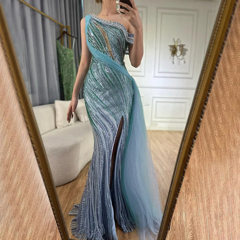 2025 Arabic One-Shoulder High Split Blue Mermaid Gown Luxury Beaded Saudi Evening Dress for Formal Occasion LA72718