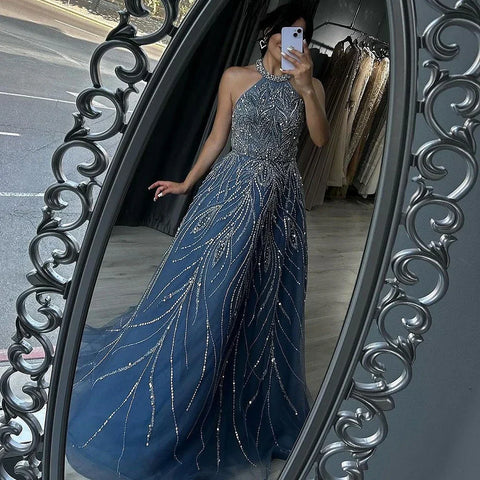Elegant Blue Arabic A-line Halter Gown Luxury Dubai Evening Dress for Women Wedding Party 2025 LA72302