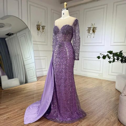 Purple Mermaid Elegant With Overskirt Luxury Pearls Beaded Evening Dresses Gowns for Women Wedding Party LA72429