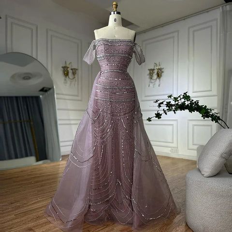 2025 Arabic Pink Mermaid Beaded Evening Gown with Detachable Satin Overskirt for Formal Occasion LA72781