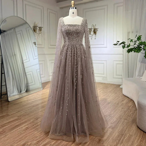 Muslim Caramel Beaded A-Line Luxury Evening Dress Gown with Cape Sleeves LA71803A