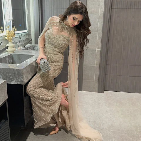Luxury Nude Mermaid Evening Dress with Cape Sleeve LA72233A