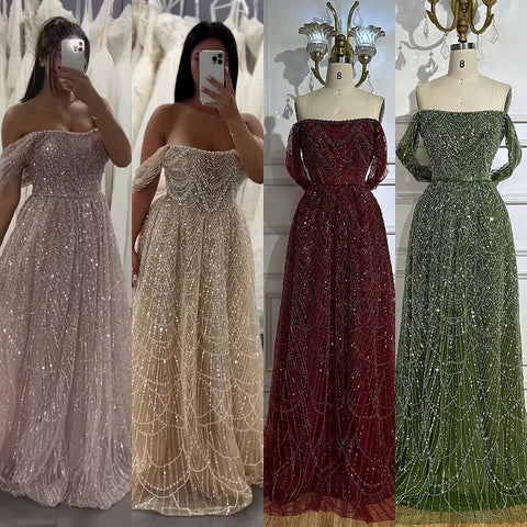 2025 Saudi Nude A Line Off Shoulder Evening Gown with Pearl Beaded Design for Formal Occasion LA72738A