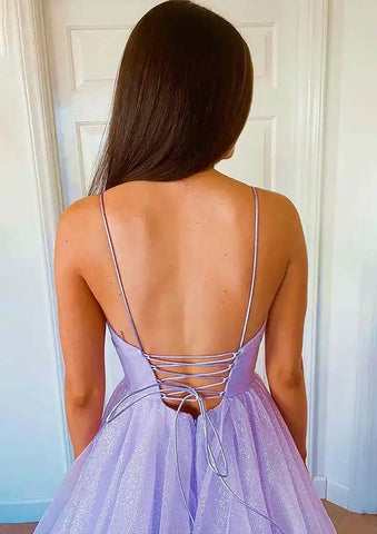 2025 Arabic Lilac Elegant Spaghetti Strap Backless A-Line Prom Dress for Women | Wedding Party LA72676