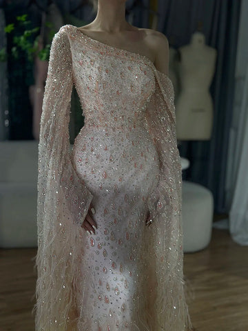 Luxury Feather One Shoulder Evening Dress with Cape Sleeves LA72763