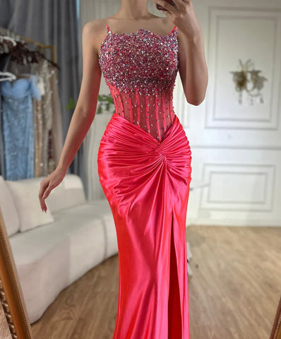 2025 Arabic Fuchsia Strapless Side Split Beaded Mermaid Luxury Dubai Evening Gown for Women's Party LA72671