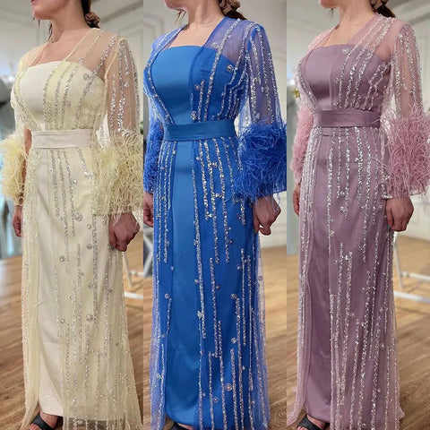 Robe de soirée style caftan marocain, ligne A, plumes et perles, couleur crème, avec veste, LA71759 