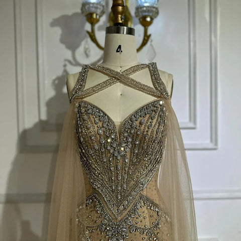 2025 Nude Cape Sleeves Beaded Crystal Arabic Evening Dresses Gowns For Women Wedding Party LA72806