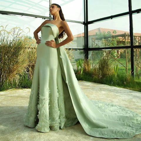 Luxury 3D Leaves Sage Green Dubai Evening Dress with Cape LA72724