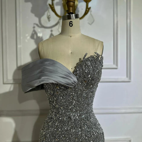 2025 Arabic Green Mermaid Elegant One Shoulder Beaded Long Evening Dresses Gowns for Formal Occasion LA72650