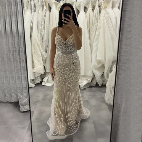 Nude Beaded Saudi Arabic Evening Gown with Spaghetti Straps for Formal Occasion LA72253A 2025
