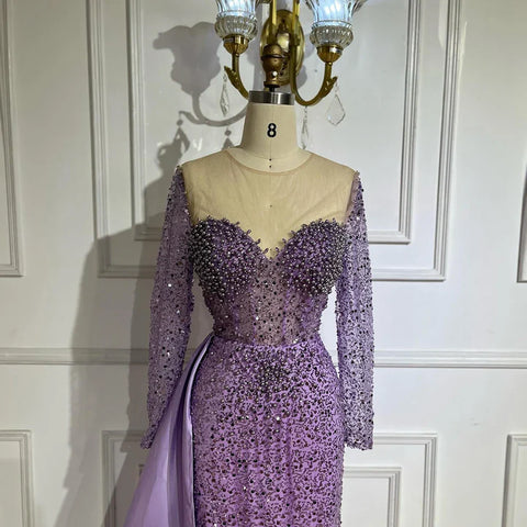 Purple Mermaid Elegant With Overskirt Luxury Pearls Beaded Evening Dresses Gowns for Women Wedding Party LA72429