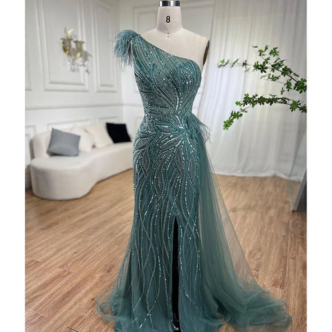 Turquoise Mermaid Sexy High Split With Skirt Beaded Feathers Evening Dresses Gowns 2025 For Women Party LA71955