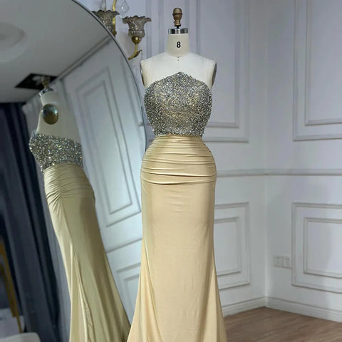 2025 Saudi Arabic Gold Elegant Strapless Evening Gown Crystal Beaded Dress for Formal Occasion LA72759