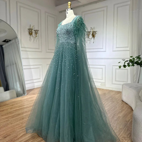 Robe de soirée de luxe saoudienne, coupe trapèze, bleu arabe, manches cape, perles, pour occasions formelles, 2025 LA71782A 