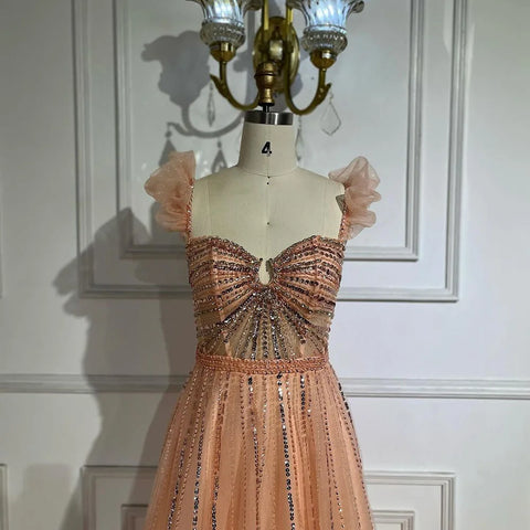 Vestido de noche árabe elegante color melocotón con cuentas, corte en A, escote barco, vestido de lujo para mujer, vestido largo de fiesta LA72324 