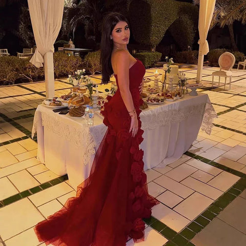 Elegant Evening Dress for Girls Arabic Pink 3D Flowers Elegant Srapless Dress Side Split Prom Party Gowns LA72568