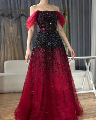 Gradual Change Wine Red Evening Dresses Gowns 2025 Beaded Bling A-Line Luxury For Women Party LA71329