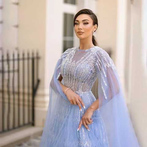 Robe de soirée bleue de luxe à manches cape LA72666
