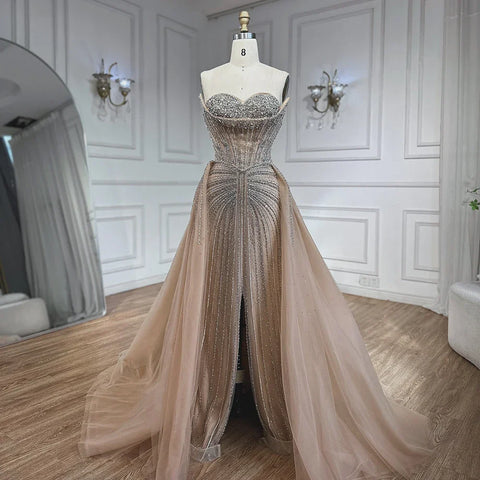 2025 Nude Beaded Mermaid Evening Dresses Gowns with Overskirt for Formal Occasion LA72811