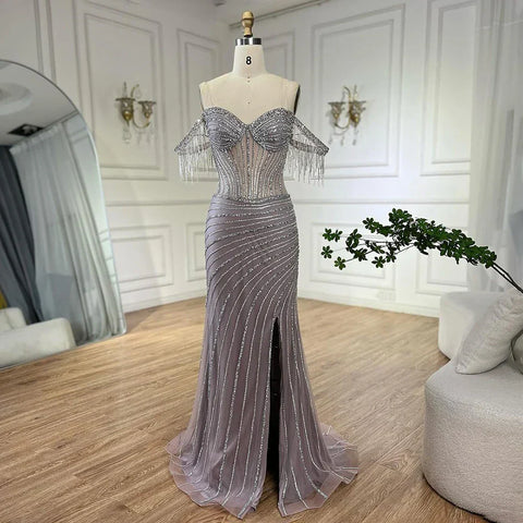 Sliver nude Boat Neck Split Mermaid Elegant Beaded Tassel Evening Dresses Gowns For Woman Wedding Party 2025 LA72391